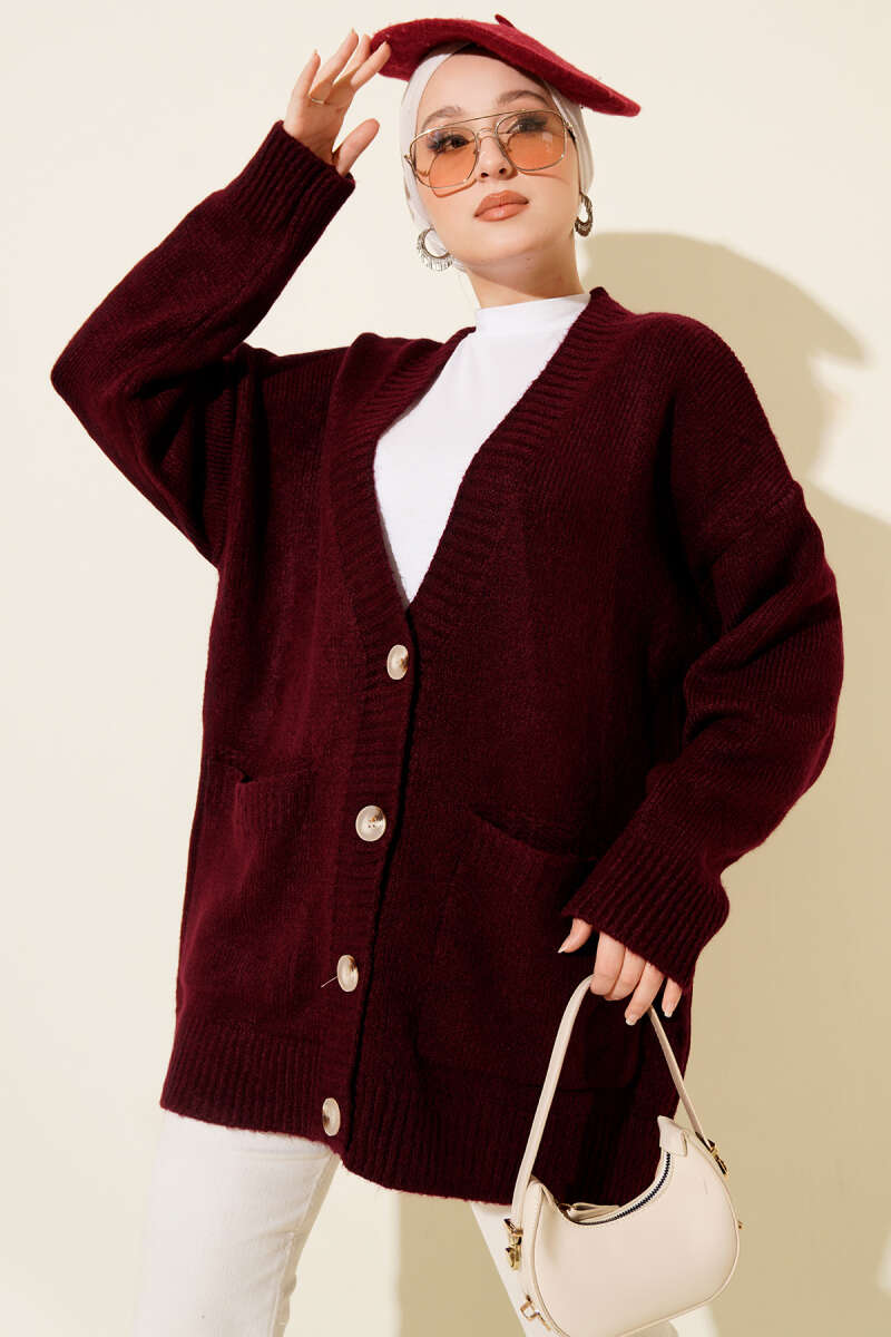 Double Pocket Buttoned Knit Cardigan Burgundy