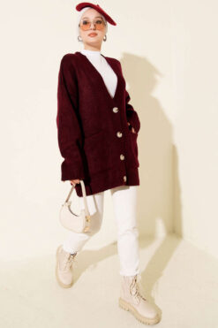 Alternative view of Double Pocket Buttoned Knit Cardigan Burgundy