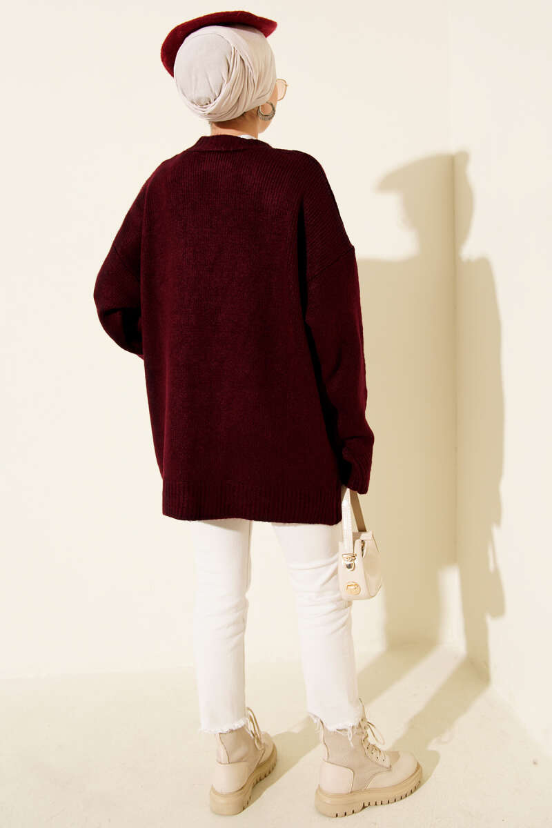 Double Pocket Buttoned Knit Cardigan Burgundy - immagine 3