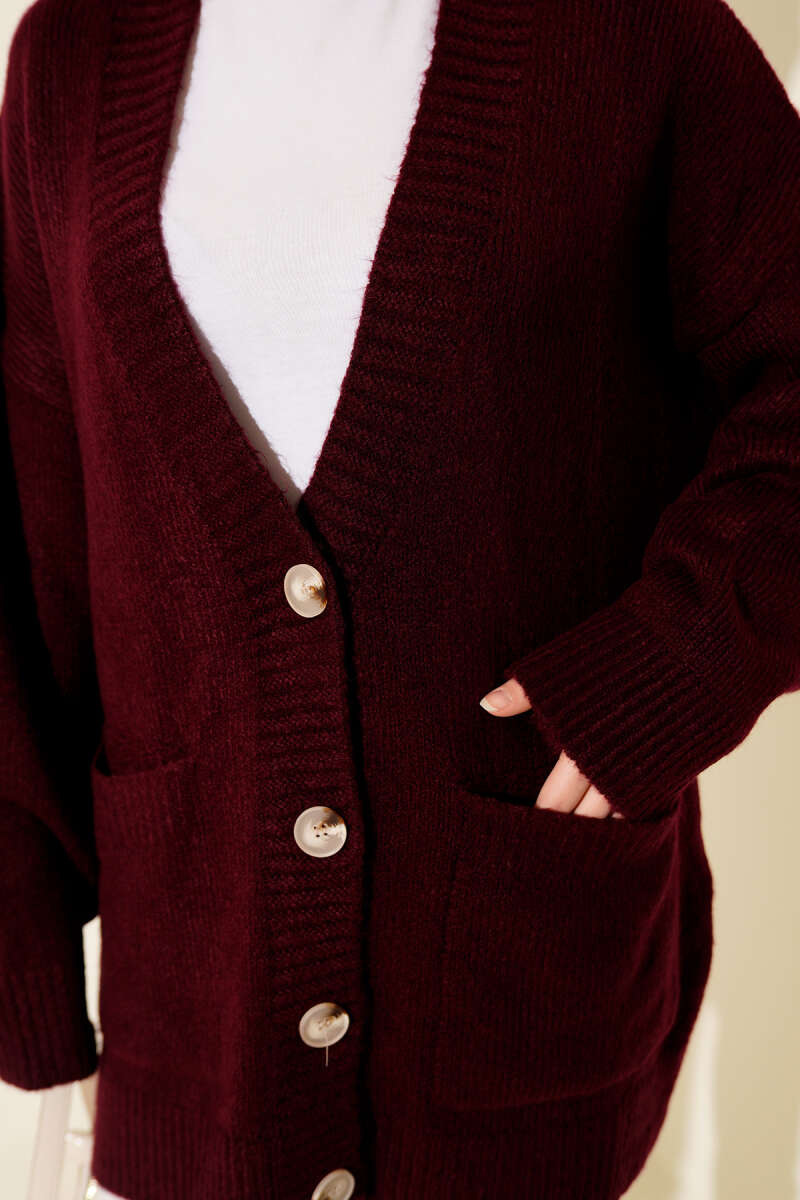 Double Pocket Buttoned Knit Cardigan Burgundy - immagine 4