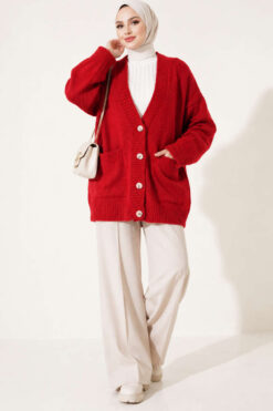 Alternative view of Double Pocket Buttoned Knit Cardigan Red