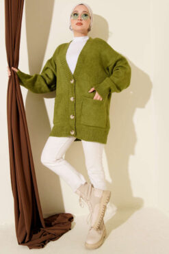 Alternative view of Double Pocket Buttoned Knit Cardigan Leaf Green