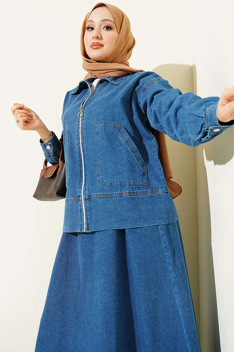 Two-Pocket Zip-Up Hem Edge Denim Two-Piece Set Blue