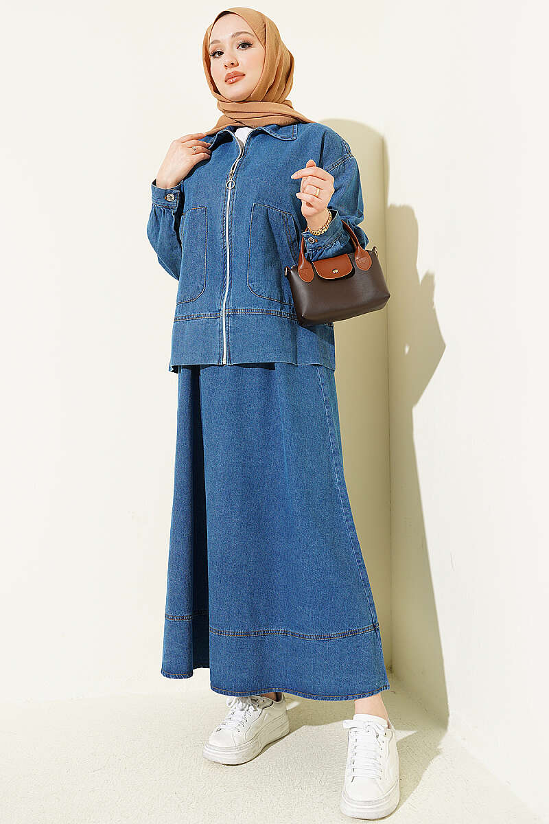 Two-Pocket Zip-Up Hem Edge Denim Two-Piece Set Blue – Bild 2