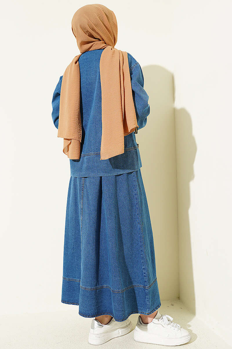 Two-Pocket Zip-Up Hem Edge Denim Two-Piece Set Blue – Bild 3
