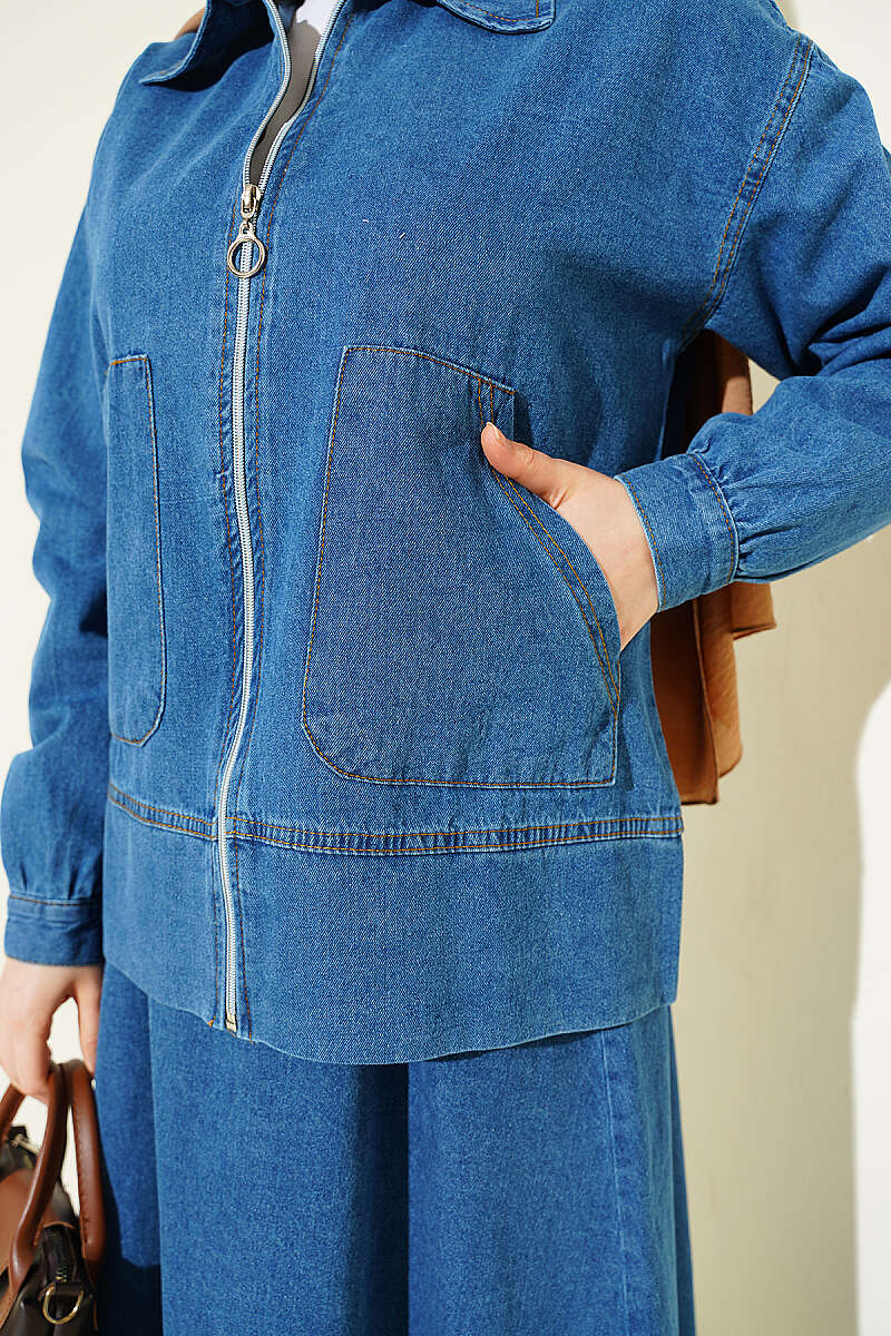 Two-Pocket Zip-Up Hem Edge Denim Two-Piece Set Blue – Bild 4
