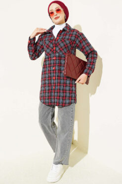 Alternative view of Oversized Checkered Shirt with Double Pockets Burgundy