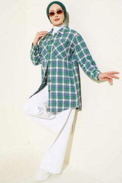 Alternative view of Oversized Checkered Shirt with Double Pockets Green