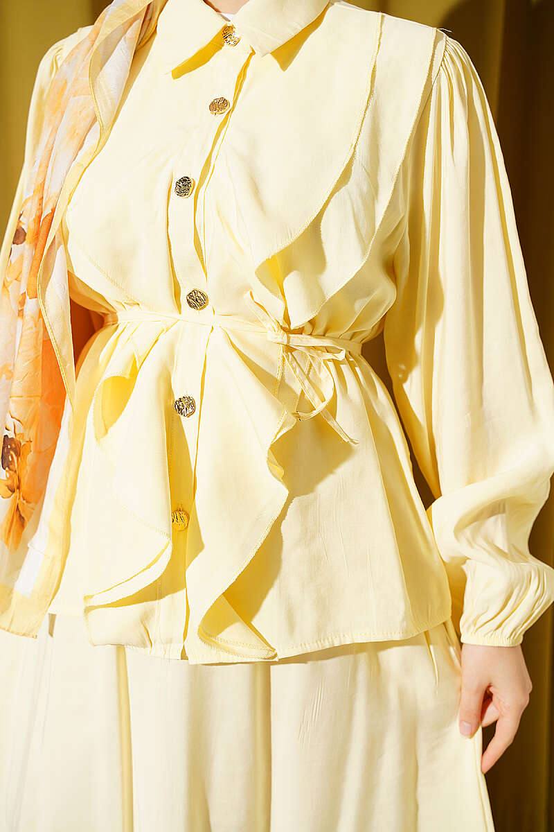 Double Ruffled Tie-Belted Modal Skirt Set Yellow - Imagen 4