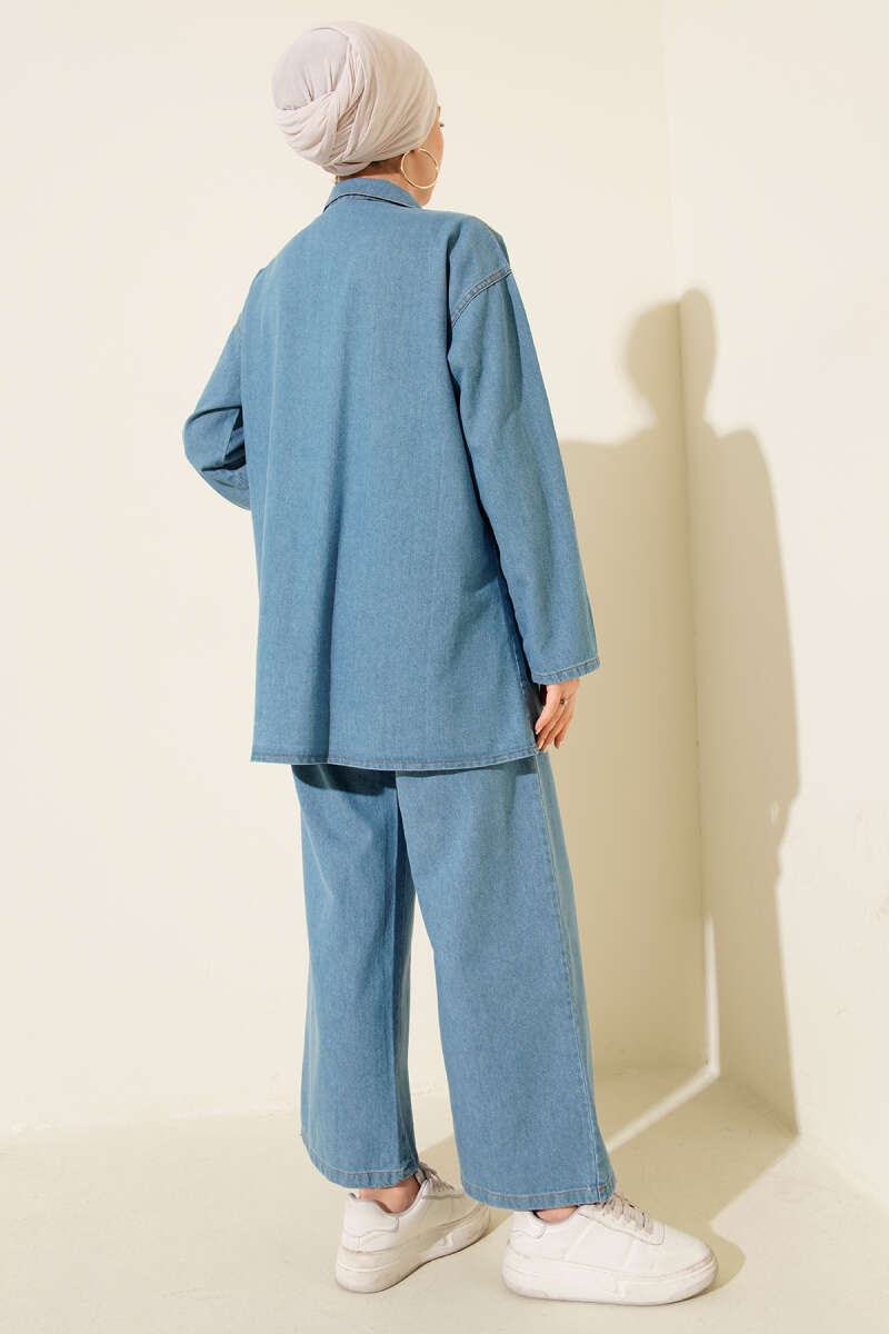 Double-Breasted Pocket Denim Two-Piece Set Blue - Image 3