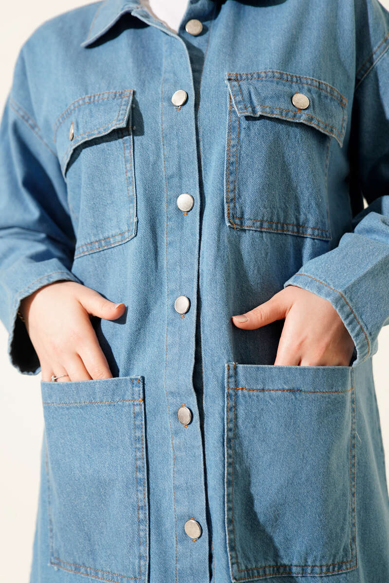 Double-Breasted Pocket Denim Two-Piece Set Blue - Image 4