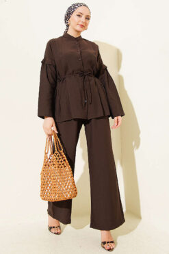 Alternative view of Double Pleated Mandarin Collar Two-Piece Set Dark Brown