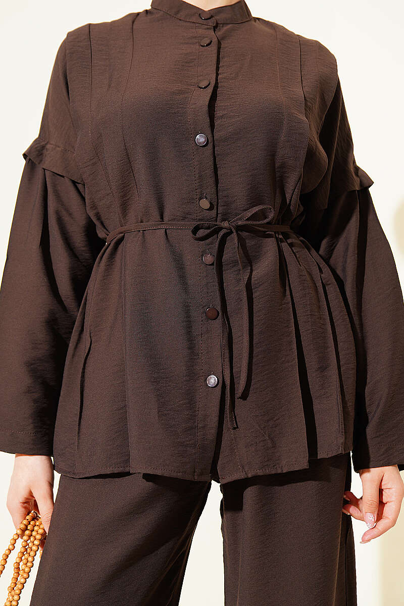 Double Pleated Mandarin Collar Two-Piece Set Dark Brown – Bild 4