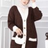 ⁦Two-Tone Knitted Hair-Pattern Cardigan Brown⁩ - الصورة ⁦2⁩