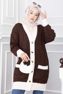 Alternative view of Two-Tone Knitted Hair-Pattern Cardigan Brown