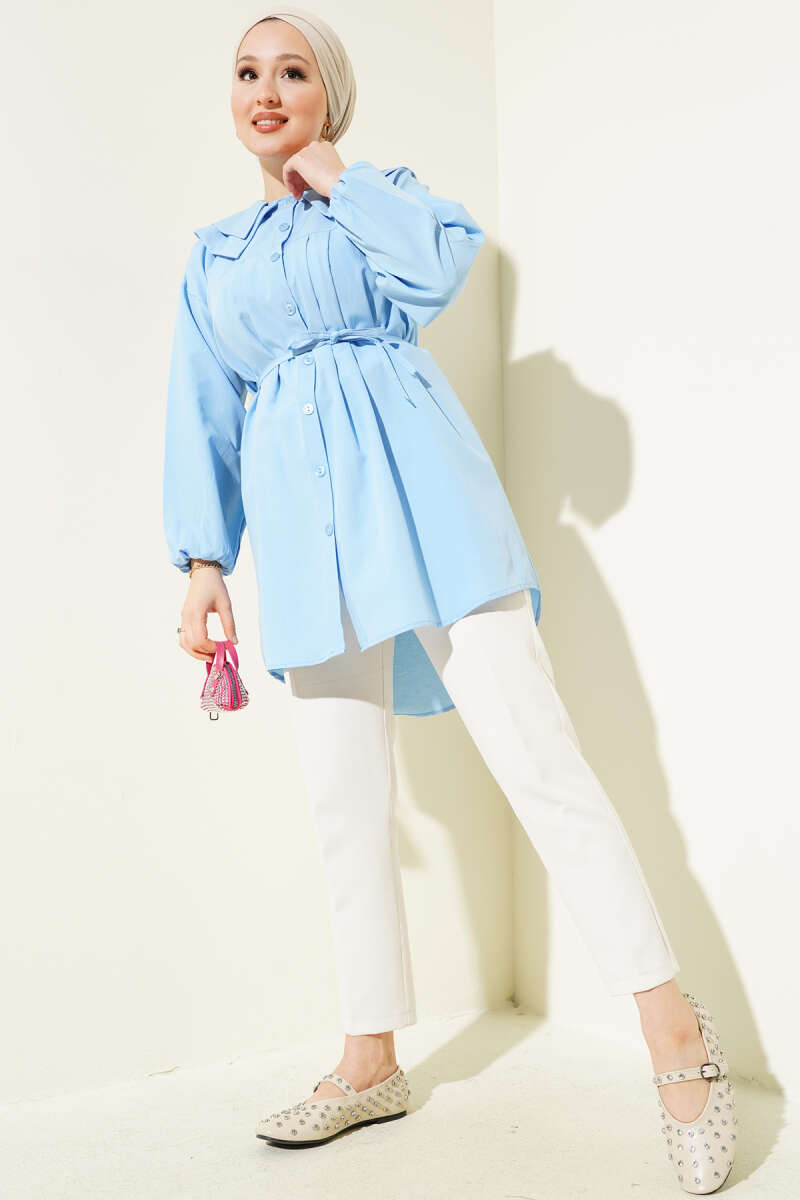 Double Collar Tie Waist Shirt Baby Blue - Image 2