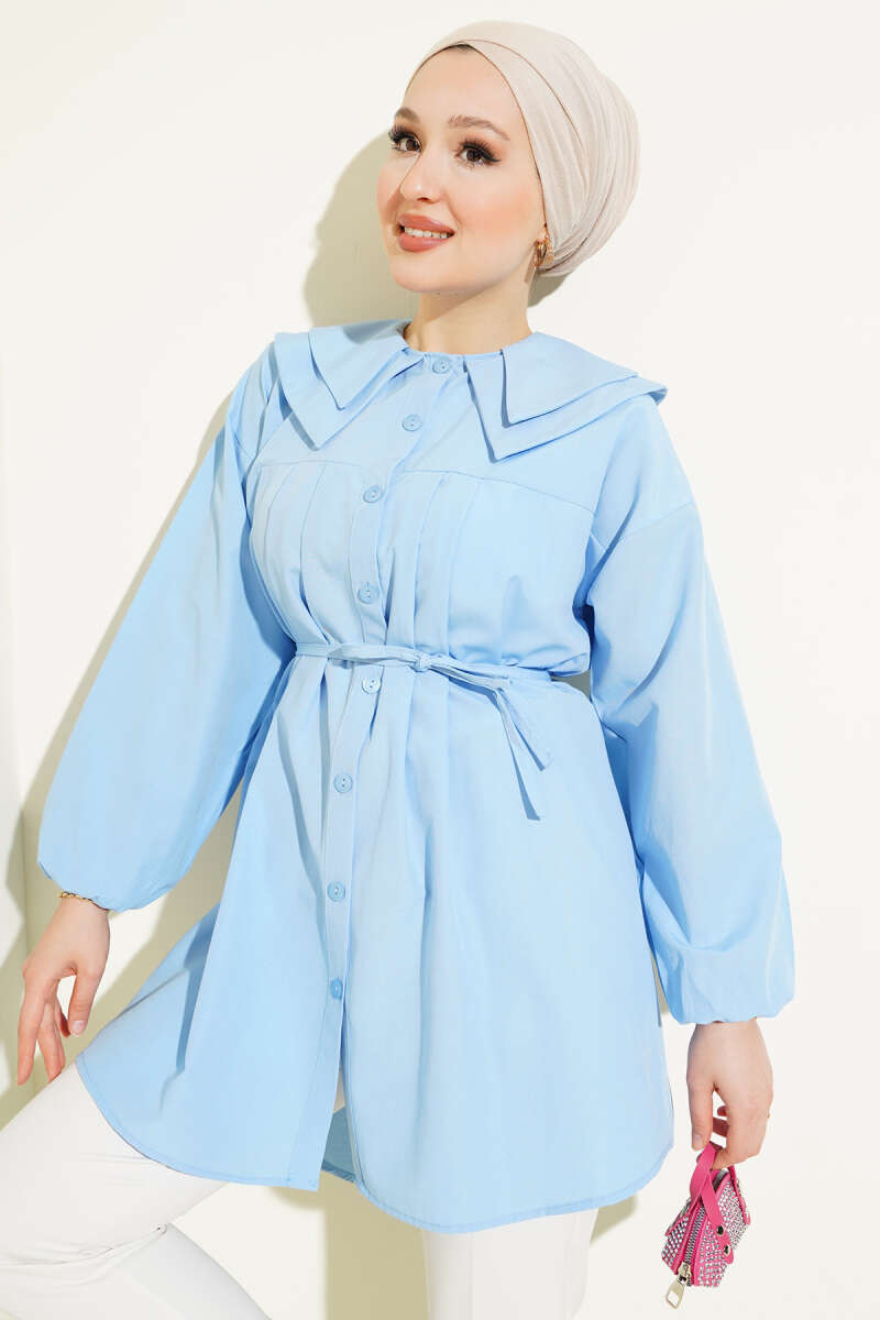 Double Collar Tie Waist Shirt Baby Blue