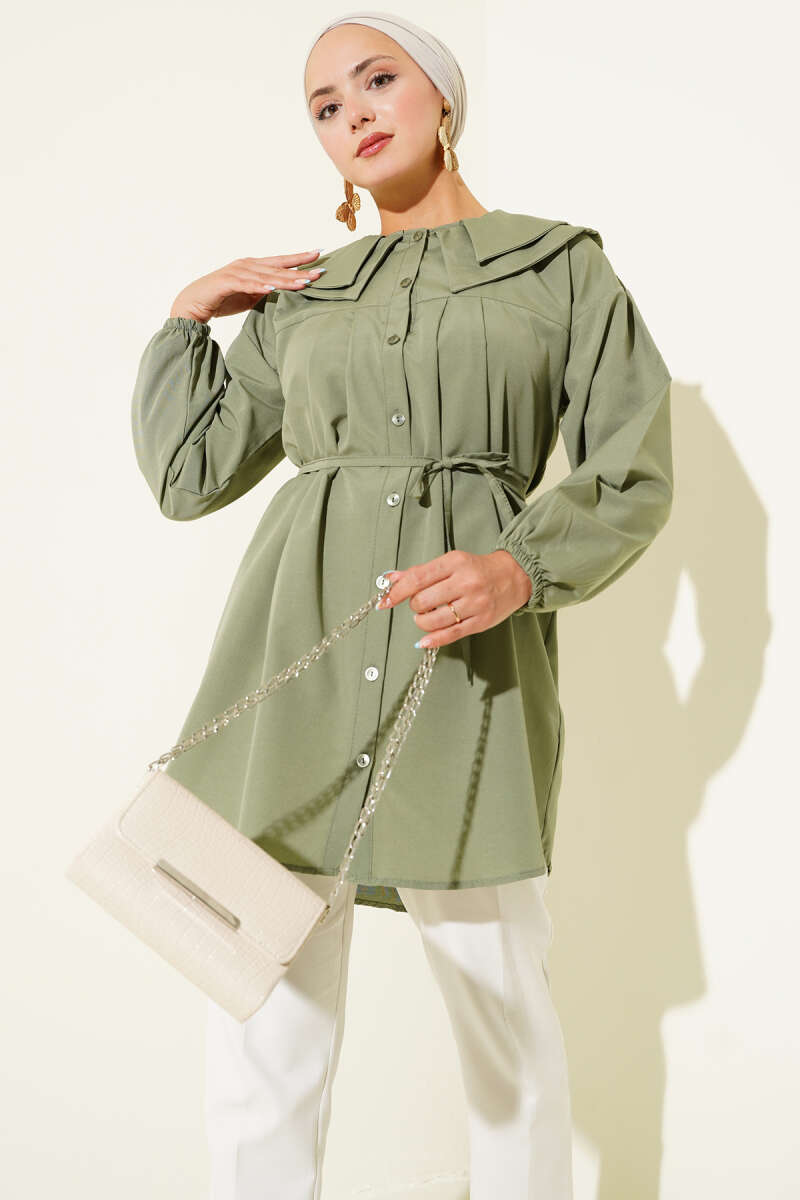 Double Collar Tie Waist Shirt Pistachio Green - Image 5