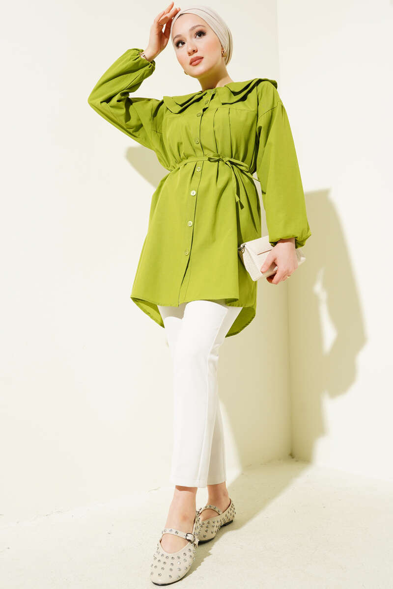 Double Collar Tie Waist Shirt Pistachio Green - Image 2
