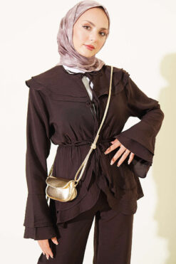 Alternative view of Double Lapel Elastic Waist Two-Piece Set Dark Brown
