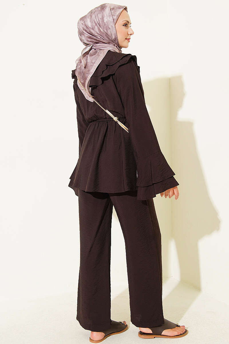 Double Lapel Elastic Waist Two-Piece Set Dark Brown - Image 3