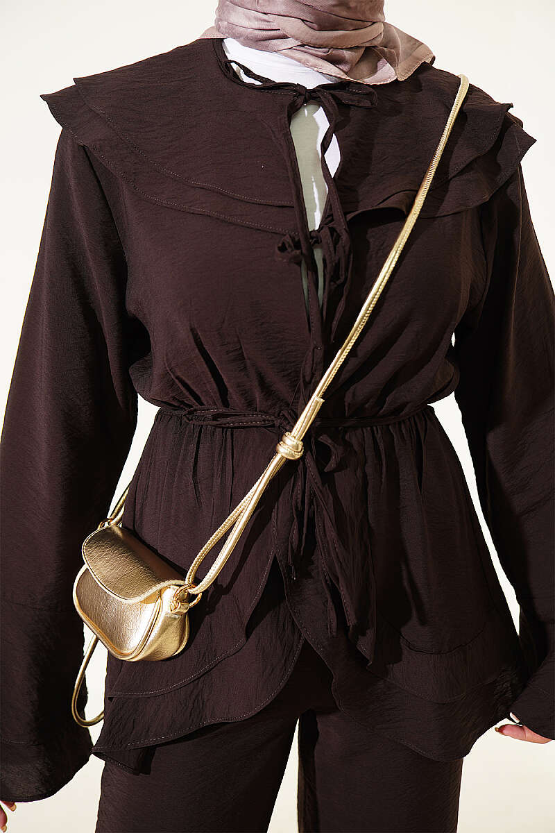 Double Lapel Elastic Waist Two-Piece Set Dark Brown - Image 4