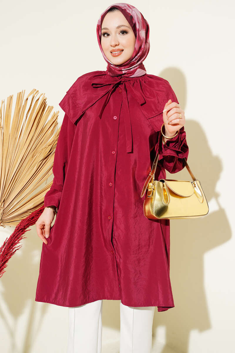 Removable Wide Collar Long Shirt Burgundy