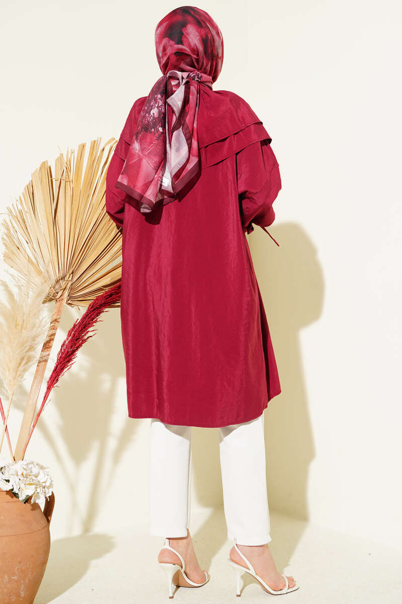 Removable Wide Collar Long Shirt Burgundy - الصورة 3