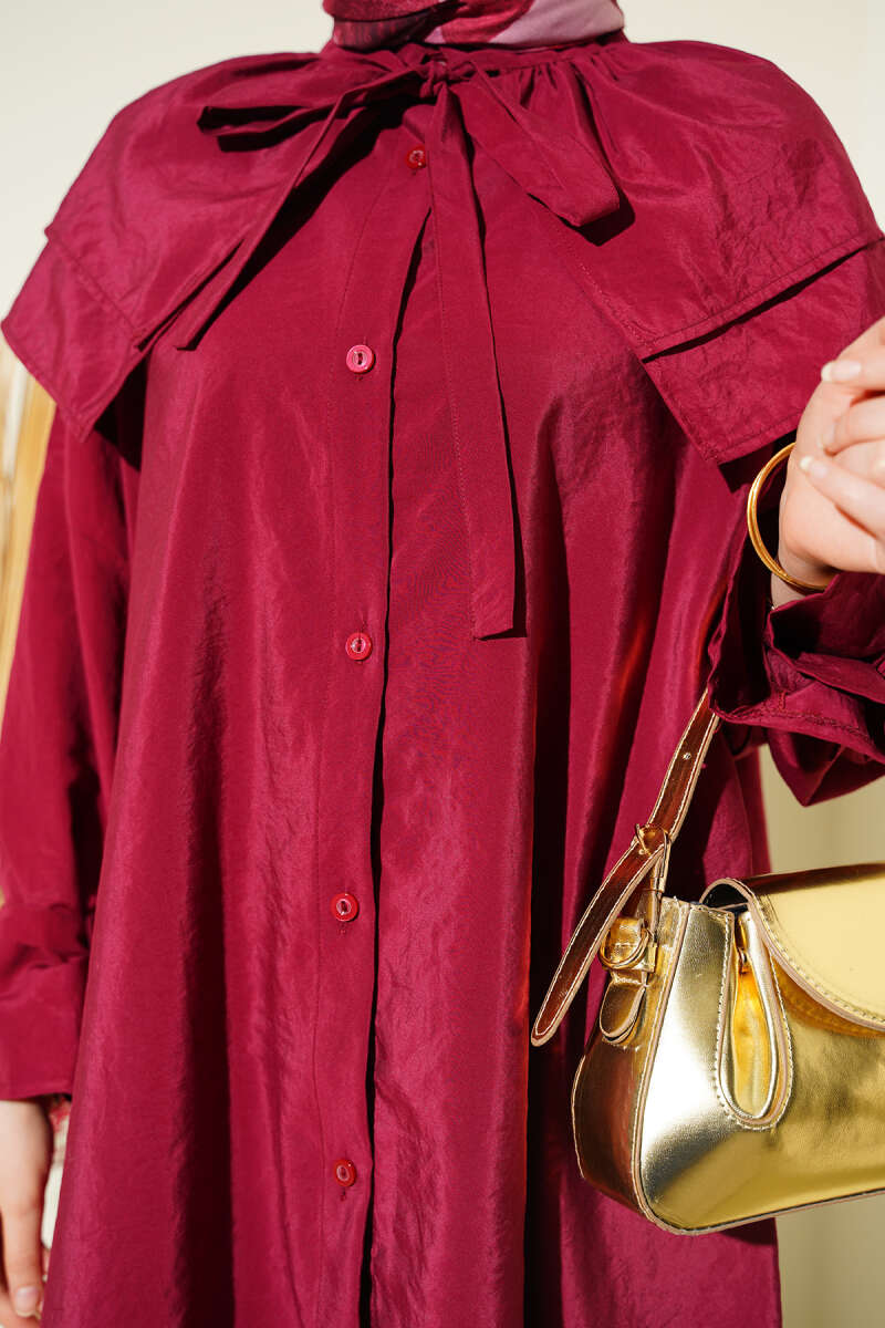 Removable Wide Collar Long Shirt Burgundy - الصورة 4