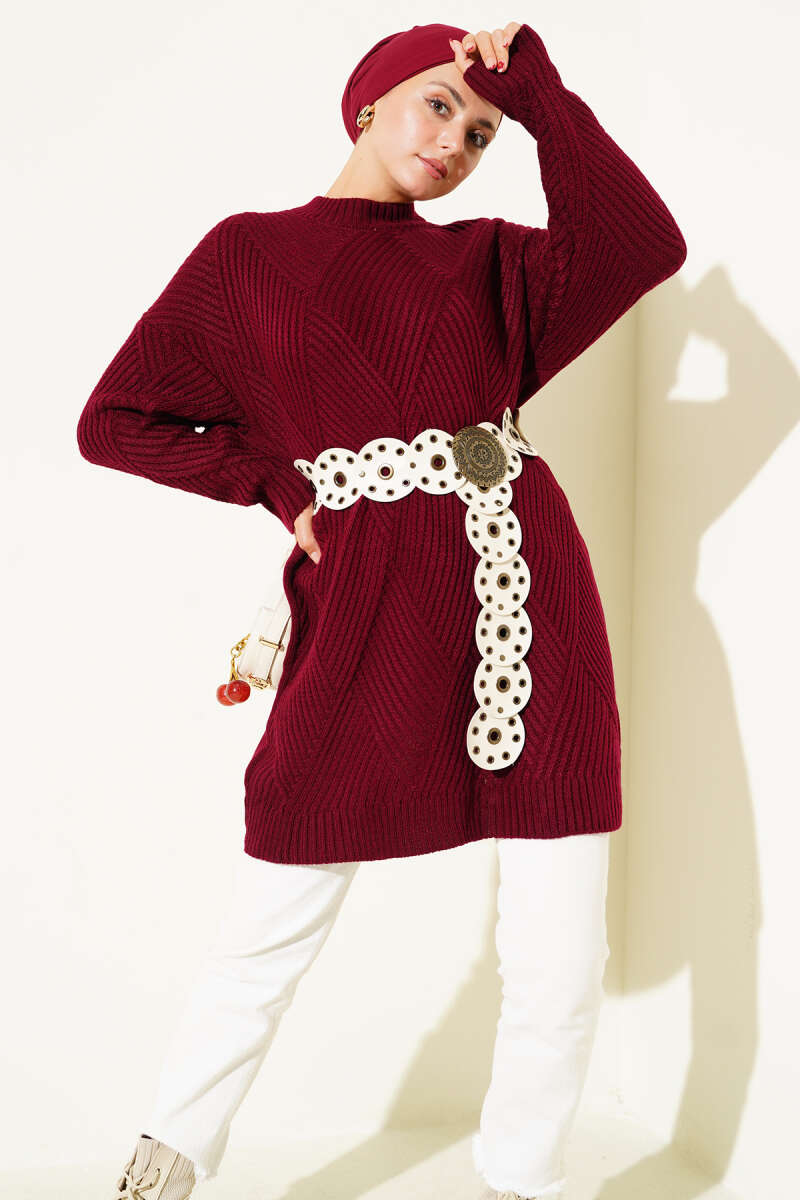 Striped Diamond Pattern Knit Tunic Burgundy