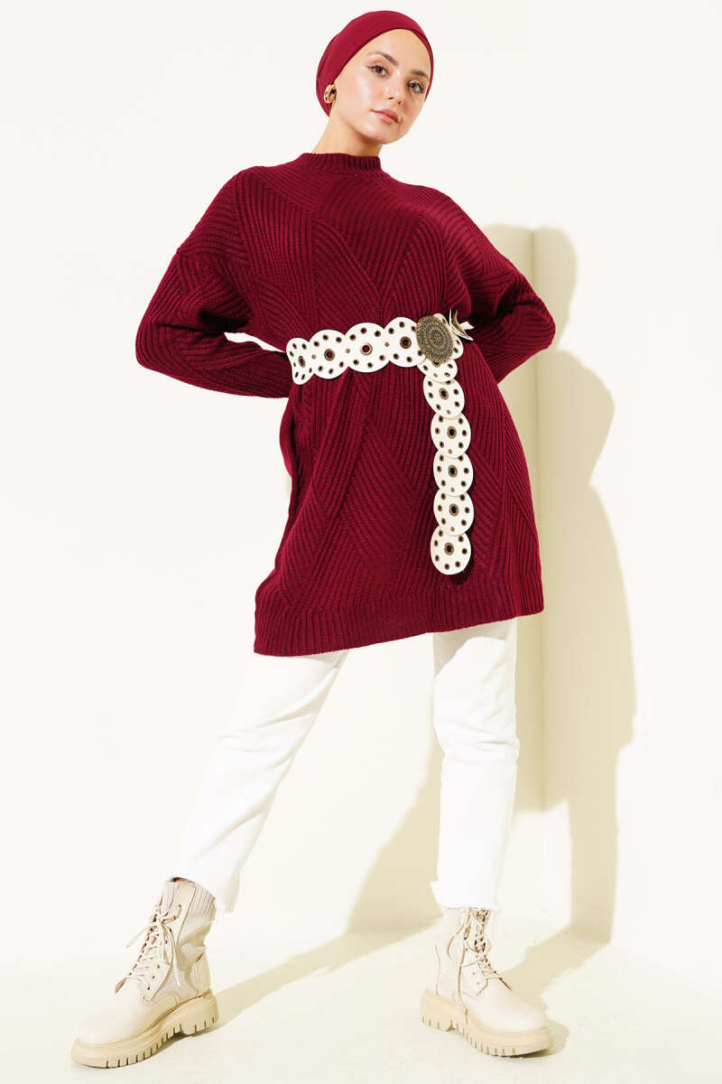 Striped Diamond Pattern Knit Tunic Burgundy - Afbeelding 2