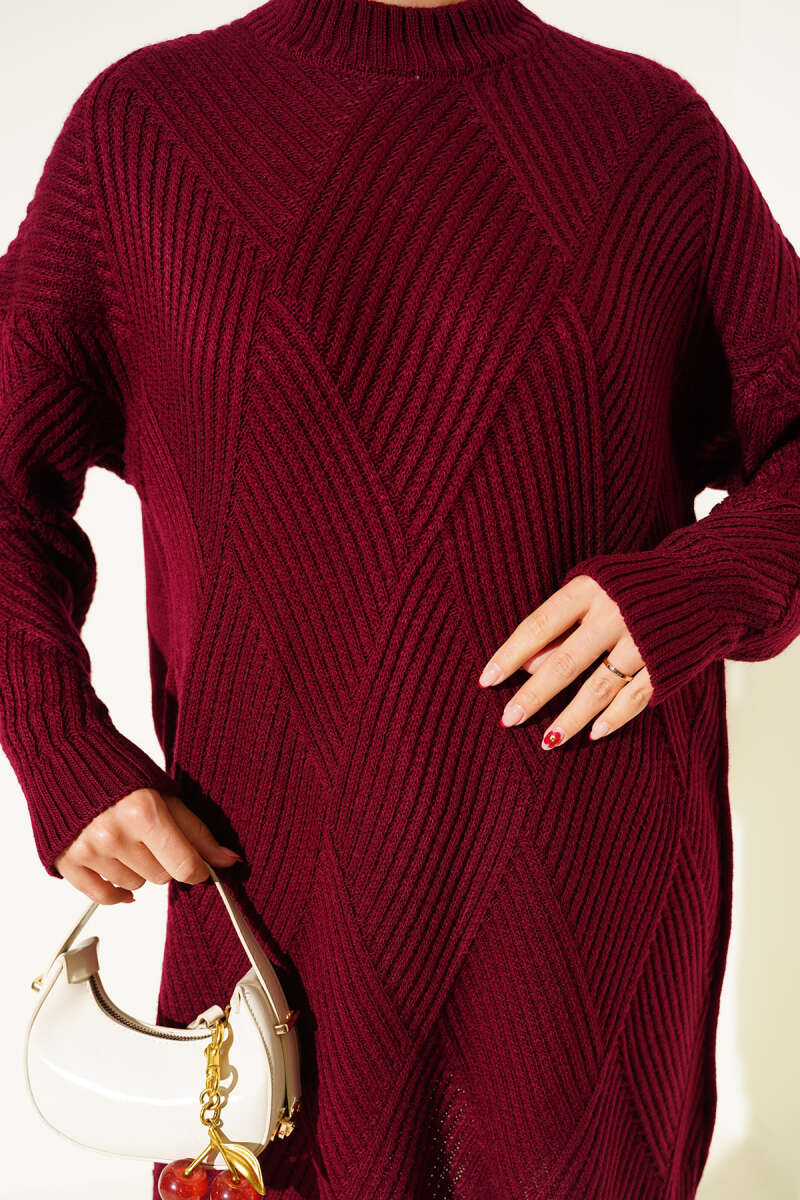 Striped Diamond Pattern Knit Tunic Burgundy - Afbeelding 4
