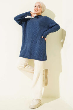 Alternative view of Striped Diamond Pattern Knit Tunic Indigo