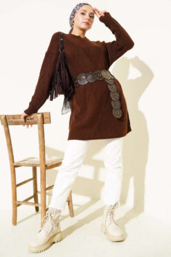 Alternative view of Striped Diamond Pattern Knit Tunic Brown
