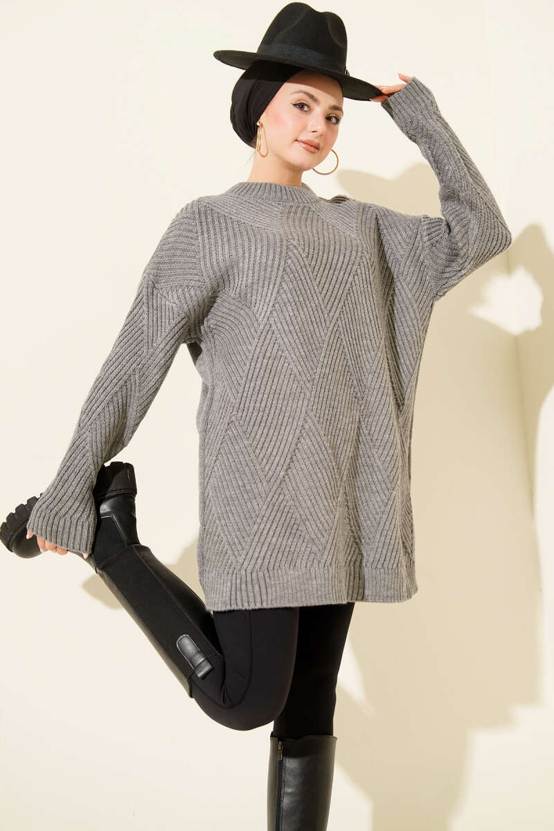 Striped Diamond Pattern Knit Tunic Slate Grey