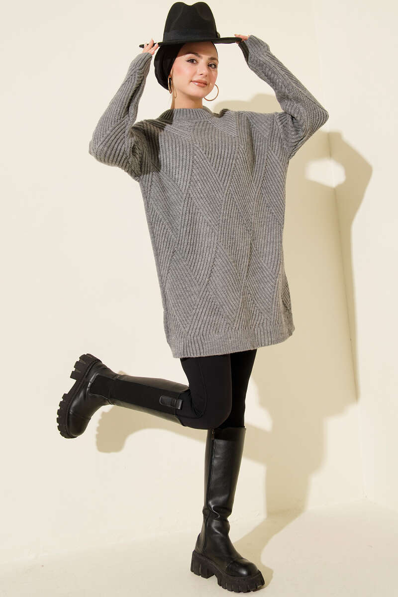 Striped Diamond Pattern Knit Tunic Slate Grey - Afbeelding 2