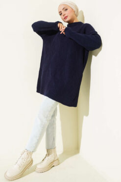 Alternative view of Striped Diamond Pattern Knit Tunic Navy Blue