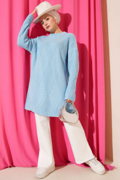Alternative view of Striped Diamond Pattern Knit Tunic Blue