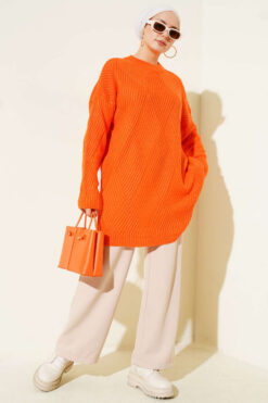 Alternative view of Striped Diamond Pattern Knit Tunic Orange