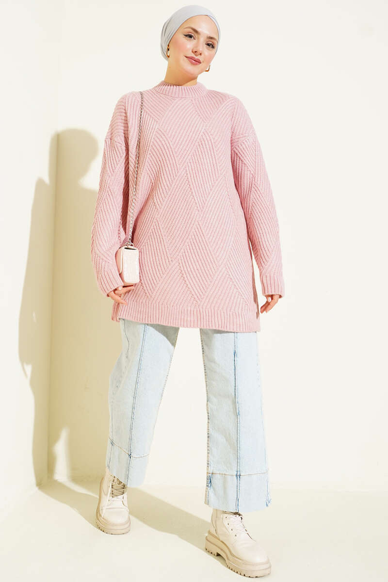 Striped Diamond Pattern Knit Tunic Powder Pink - Afbeelding 2