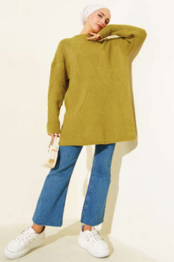 Alternative view of Striped Diamond Pattern Knit Tunic Oil Green