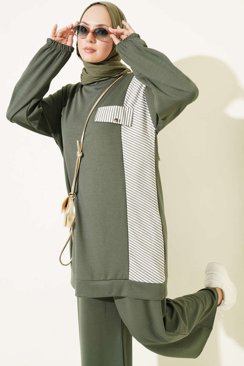Striped French Terry Faux Pocket Two-Piece Set Khaki