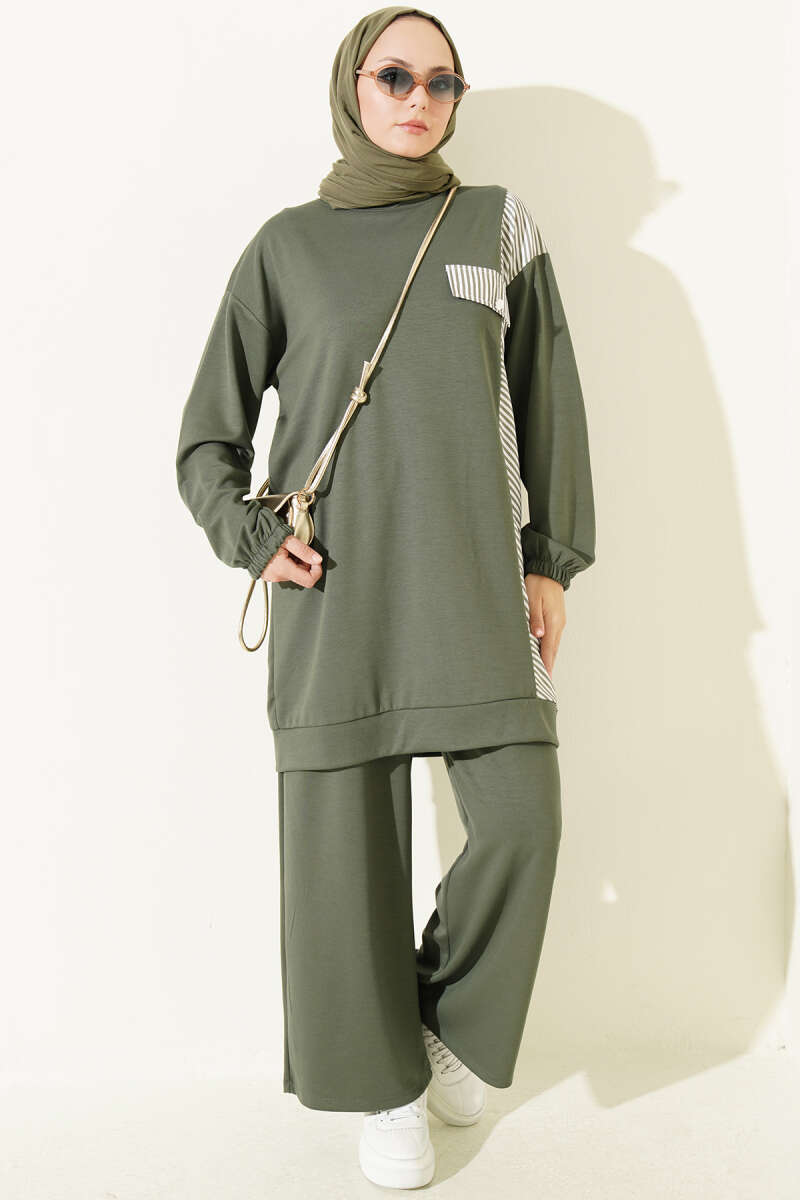 Striped French Terry Faux Pocket Two-Piece Set Khaki – Bild 2