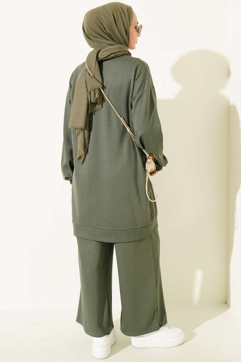 Striped French Terry Faux Pocket Two-Piece Set Khaki – Bild 3