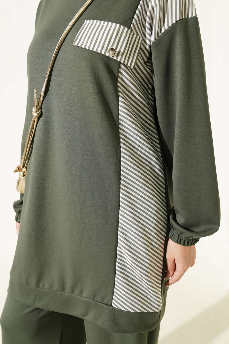 Striped French Terry Faux Pocket Two-Piece Set Khaki – Bild 4