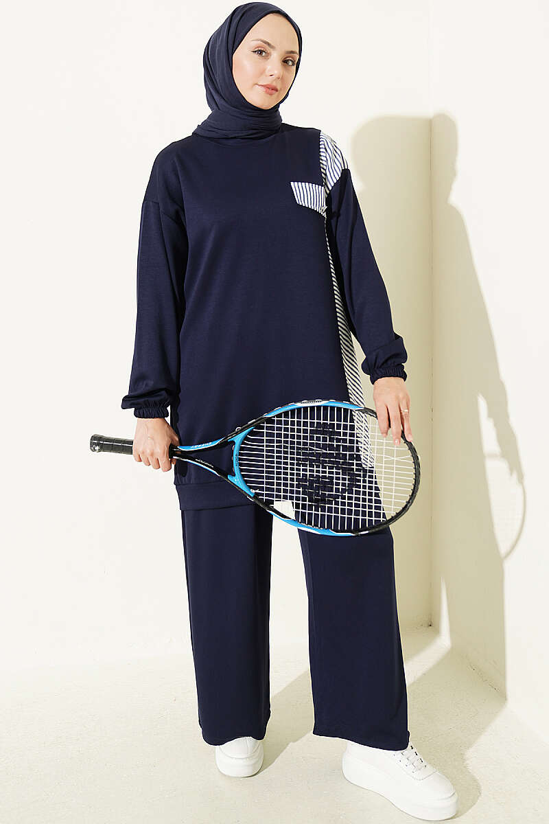 Striped French Terry Faux Pocket Two-Piece Set Navy Blue