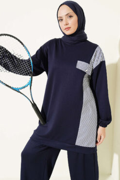 Alternative view of Striped French Terry Faux Pocket Two-Piece Set Navy Blue