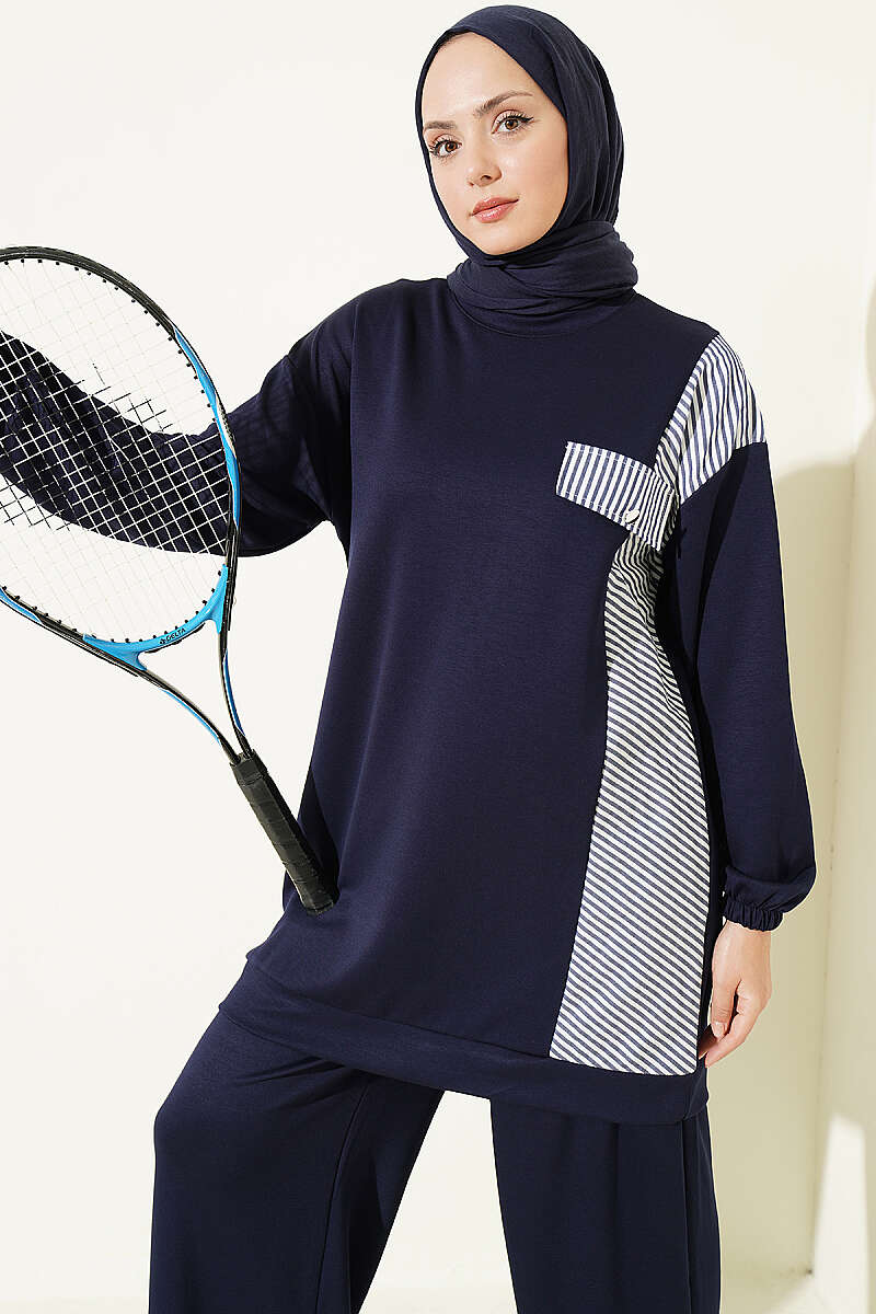 Striped French Terry Faux Pocket Two-Piece Set Navy Blue - Imagen 2