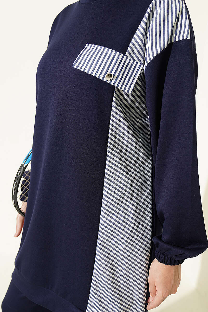 Striped French Terry Faux Pocket Two-Piece Set Navy Blue - Imagen 4