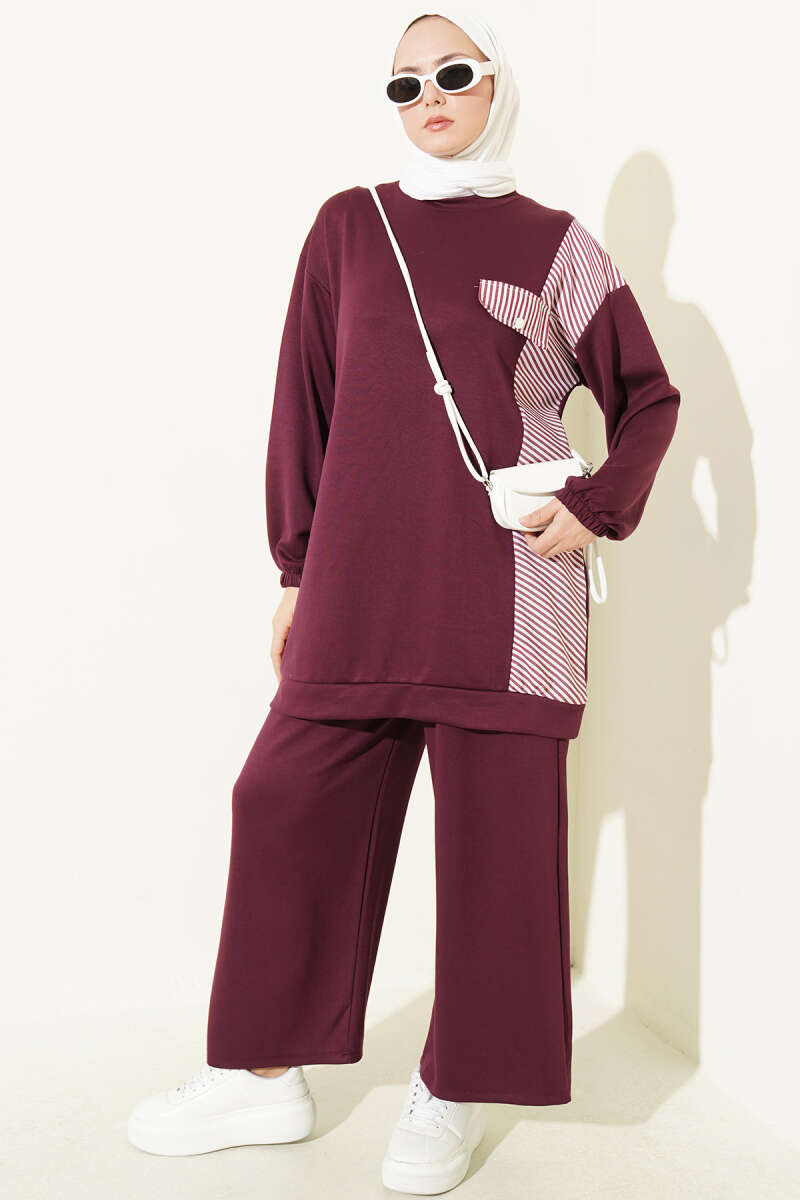 Striped French Terry Faux Pocket Two-Piece Set Plum